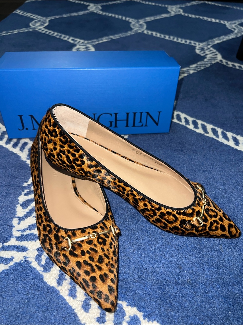 NWT J. McLaughlin Leopard Print Pointed Flats with Gold Bit